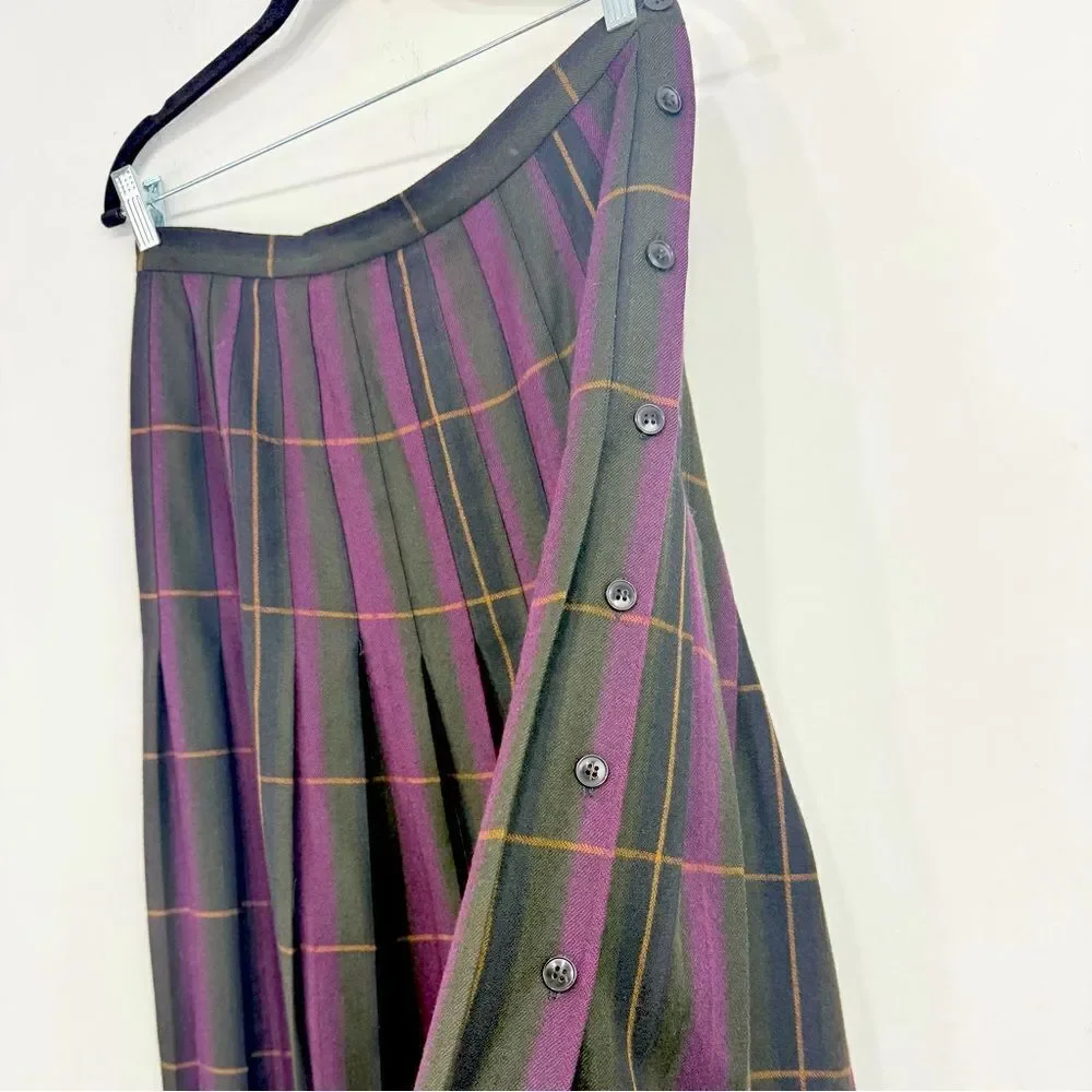 Premiere Green Burgundy Plaid 100% Wool Vintage Dark Academia Pleated Midi Skirt